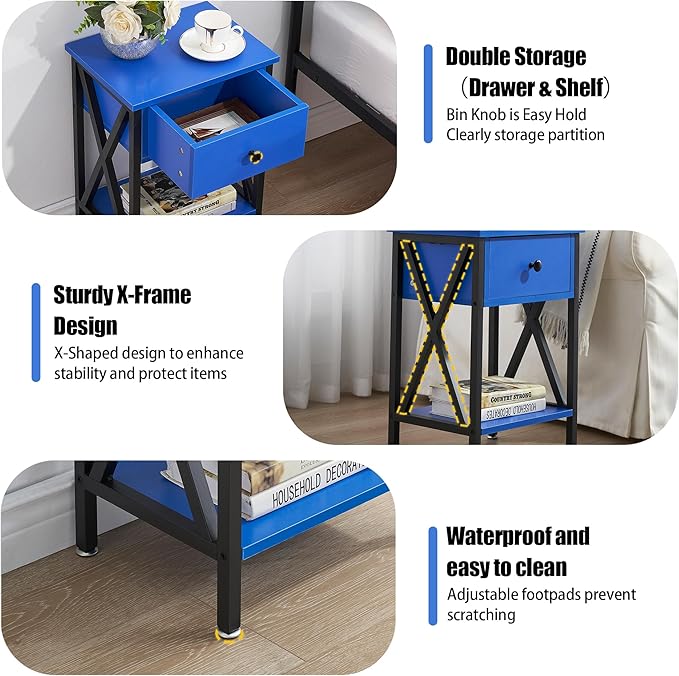 VECELO End Tables, Modern Nightstand with Drawer & Shelf, Night Stand for Bedroom Living Room,Industrial Metal Frame