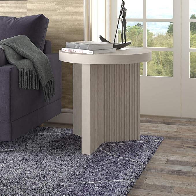 Henn&Hart 22" Fluted Scandinavian Round End Table, Ribbed Side Table, Nightstand for Living Room, Office, Family Room, or Bedroom, Alder White