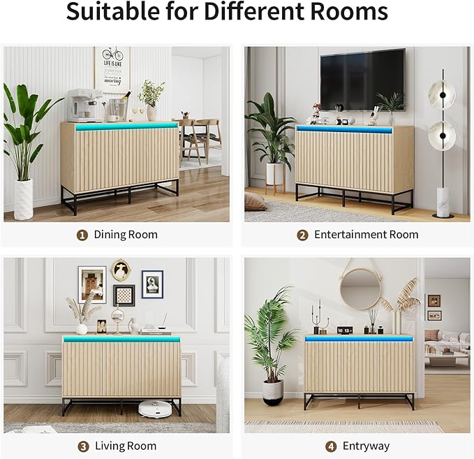 Fluted Sideboard Buffet Cabinet with Storage, 47" Wood Storage Cabinet with Doors and Adjustable Shelves LED Light, Modern Credenza for Kitchen, Dining Room, Living Room, Entryway, Oak