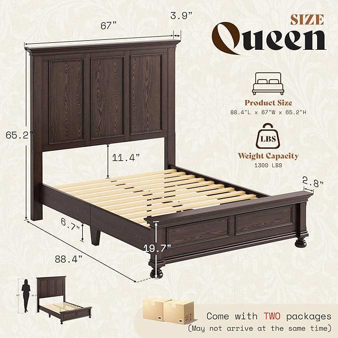 AMERLIFE Solid Wood Queen Bed Frame with 65.2" High Headboard, Traditional Platform Bed with Heavy Duty Slats, No Box Spring Needed, Easy Assembly, Dark Brown