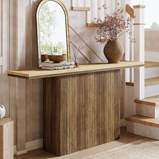 Tribesigns Farmhouse Fluted Console Table for Entryway, 63-Inch Long Wooden Sofa Table Behind Couch for Living Room, Foyer, Hallway, Rustic Brown & Natural