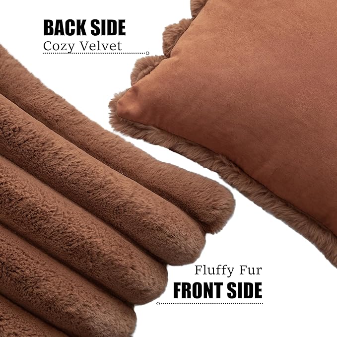 Neelvin Brown Faux Fur Cozy Soft Stripe Decorative Throw Pillow Covers 12x20 inch Set of 2,Velvet Pillowcase Cushion Case for Sofa Couch