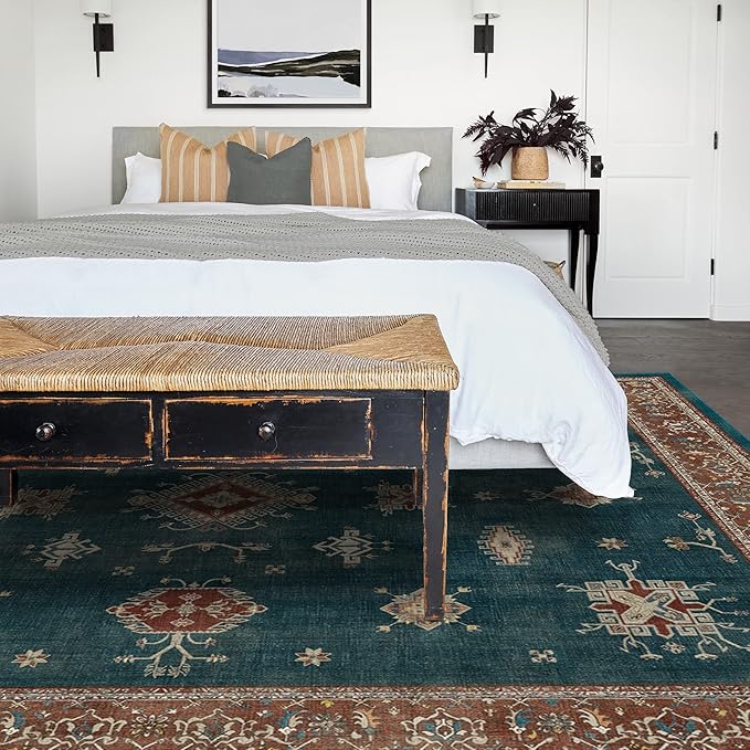 RUGGABLE Washable Vintage Area Rug – Verena Teal Blue 9x12, Stain-Resistant, Non-Slip – Large Machine Washable Rugs for Living Room, Bedroom, Hallway, Entryway & Office–with Standard Pad