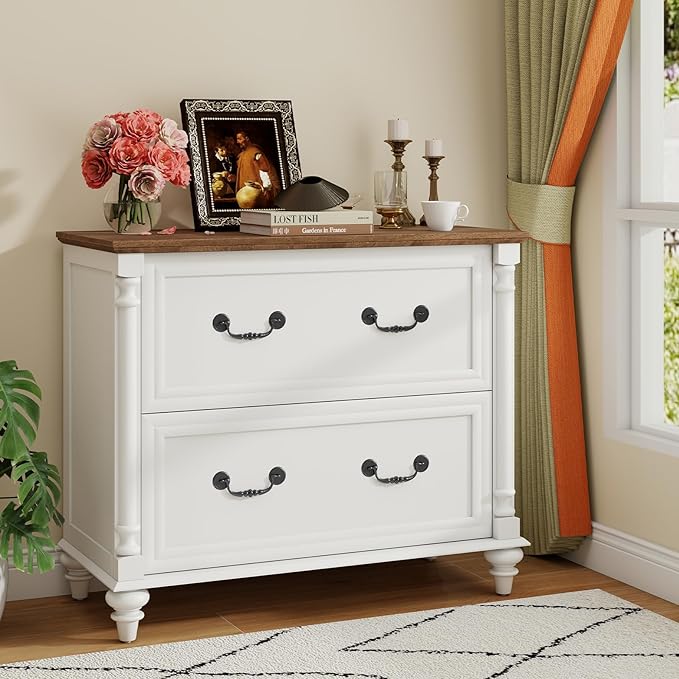 Lateral File Cabinet 2 Drawers Farmhouse File Cabinet for Letter/A4/Legal Size Hanging Files, Large Rustic White File Storage Cabinets Printer Stand with 4 Solid Wood Feet &Column Decor for Office