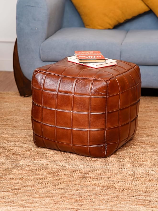 Handmade Eco-Friendly Geometric Leather Pouf Brown Color Square 18" x 18" x 18" Leather Pouf for Living Room, Bedroom Seating, Patio