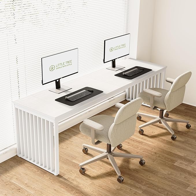 LITTLE TREE Two Person Desk, 78.74" Extra Long Computer Desk for 2 People, White Wooden Double Study Desk with Heavy Duty Metal Legs, Large Business Workstation for Home Office
