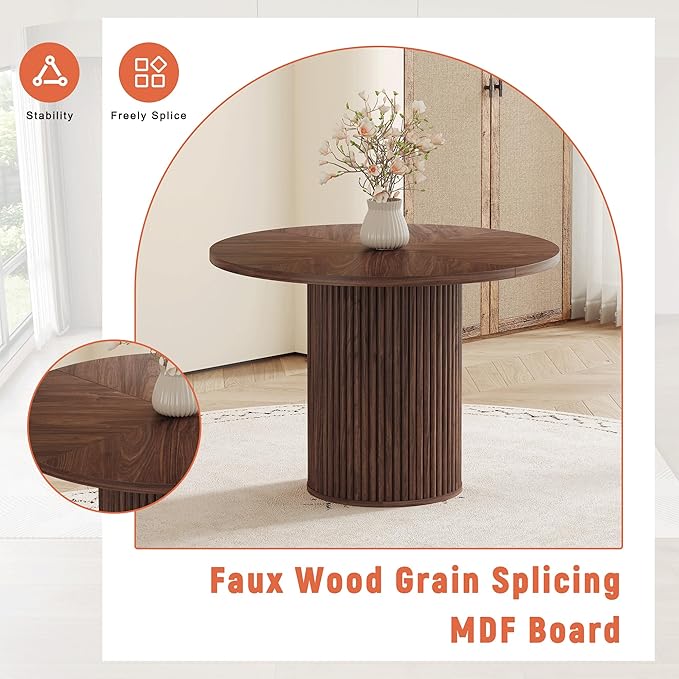 Round Dining Table Set for 6 with Storage, 42" Round Dining Table with 6 Suede Chairs, 7 Piece Kitchen Table Chairs Set of 6 with Thick Wood Top, Roman Column Pedestal, Space-Saving