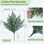 100 Pcs Christmas Greenery Pines Branch Pine Branches Artificial Green Pine Stem - Real Touch for Vase DIY Crafts Flower Arrangement Home Indoor Christmas Decor(18 Inch)