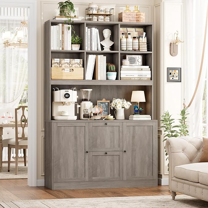 HIFIT 72'' Tall File Bookcase with Power Outlet & Printer Stand, 2 Drawer Filing Cabinets for Home Office Hanging A4 File, Storage Cabinet w/ 3 Tier Open Book Shelf & Doors for Living Room, Ash Grey