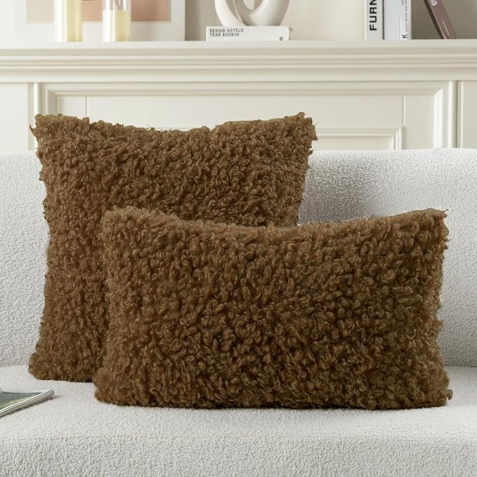 FUTEI Brown Decorative Throw Pillow Covers 20x20 Inch Set of 2,Soft Fluffy Faux Wool Fur Boucle Textured Cushion Case,Modern Home Decor for Couch Bed Living Room Office
