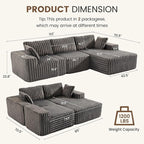 Apicizon 113" Modular Sectional Couch for Living Room, L Shaped Sectional Sofa Couch with Deep Seat, 3 Seat Boneless Sofa with Chaise Longue for Apartment，No Assembly Required (Plush Corduroy Gray)