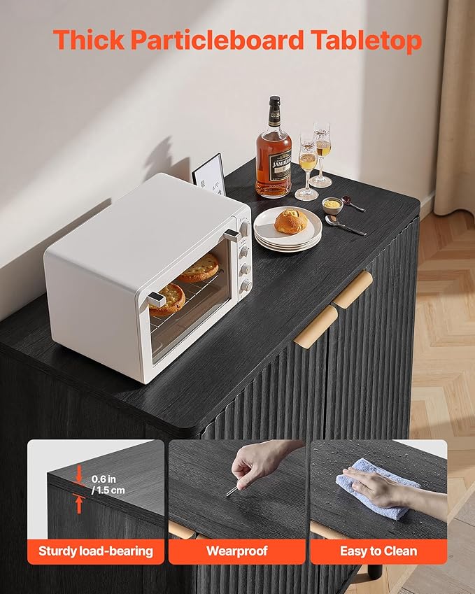 VEVOR Fluted Cabinet, Buffet Cabinet with 2-Tier Storage, Coffee Bar Cabinet with Adjustable Shelves, Sideboard Buffet for Hallway, Entryway, Living Room, or Kitchen, Black