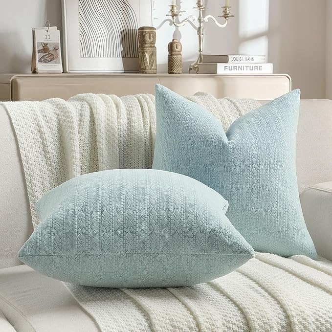 FUTEI Light Blue Chenille Throw Pillow Covers 12x20 Inch Set of 2,Soft Striped & Diamond Textured Lumbar Pillow Cases,Modern Home Decor for Couch Living Room