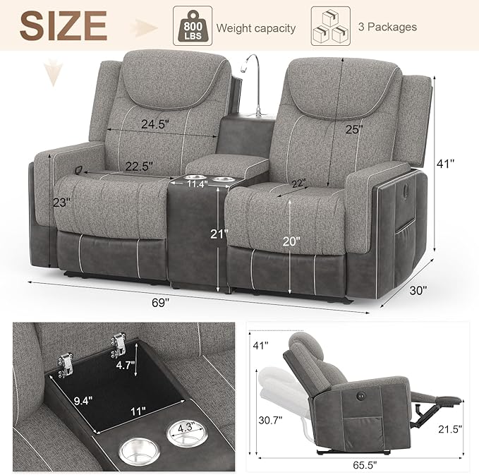 Loveseat Recliner Sofa, Manual Double Recliner with Storage Console, Cup Holder, USB Port & Reading Light, Grey Linen & PU Leather Manual Reclining Couch for Living Room, RV/Theater Seating