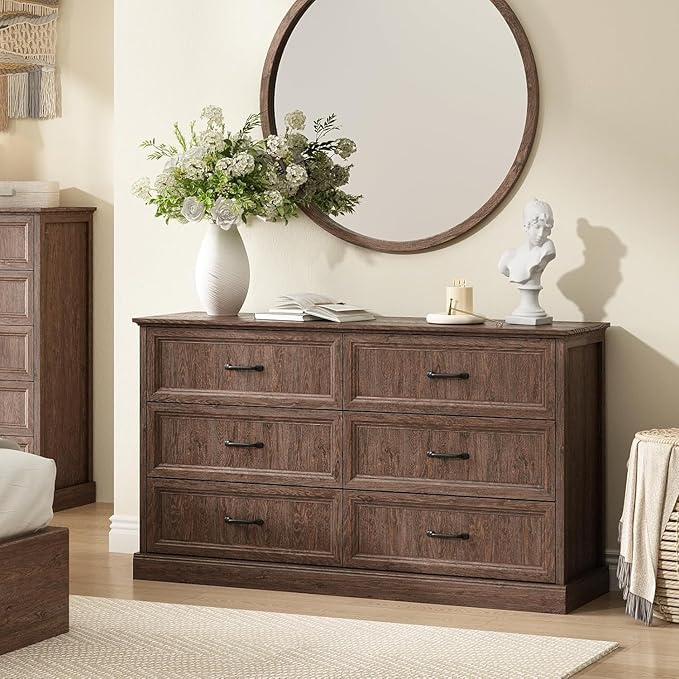 CARPETNAL Farmhouse Dresser and Nightstand Sets for Bedroom, 4 Pcs Bedroom Set, 5 Drawer & 6 Drawer Dresser and Nightstand Set of 2, Wood Chest of Drawers for Living Room, Entryway, Brown
