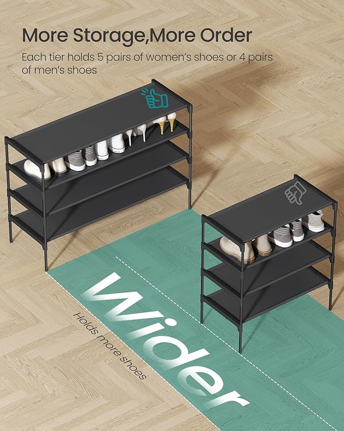 SONGMICS Shoe Rack, 4-Tier Shoe Storage Organizer, Space-Saving, 11.6 x 36.1 x 27.7 Inches, Entryway, Metal Frame, Non-Woven Fabric Shelves, Ink Black ULSH034BH01S