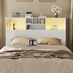 Apicizon 65" Queen Size Storage Headboard, Wood Headboard with Charging Station, Queen with Power Outlets, Ajustable LED Lights for Bedroom, White