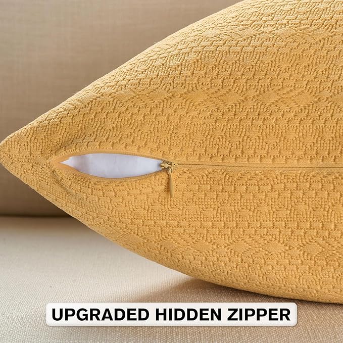 FUTEI Mustard Yellow Chenille Throw Pillow Covers 12x20 Inch Set of 2,Soft Striped & Diamond Textured Lumbar Pillow Cases,Modern Home Decor for Couch Living Room