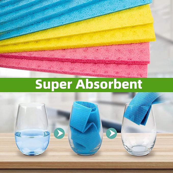 6 Pack Swedish Dishcloths – Super Absorbent, Reusable & Eco-Friendly Kitchen Towels (Fruit/Lavender/Camping/Solid Colors) (Blue&Yellow&Pink)