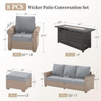 Patio Furniture Set 8 pcs, Wicker Rattan Outdoor Furniture with 5.5” Thick Cushions, 3-Seat Sofa, 4 Chairs, 2 Ottomans and 56" Fire Pit Table, Outdoor Conversation Set for Backyard Deck, 9 Seats Grey