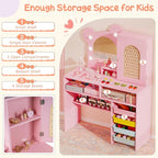 Costzon Kids Vanity with Lights, Girls Vanity Set with Mirror, Storage Drawers, Cabinet & Shelves, Toddler Makeup Vanity Desk Dressing Table, Wooden Kids Vanity Table and Chair Set (Pink)