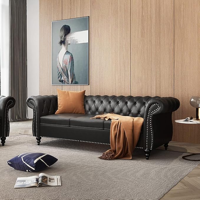 Chesterfield 3 Seater Sofa, Modern Leather Tufted Couch 3 Seater with Rolled Arms and Nailhead Mid-Century Upholstered Couch for Living Room, Bedroom, Apartment and Office, Black
