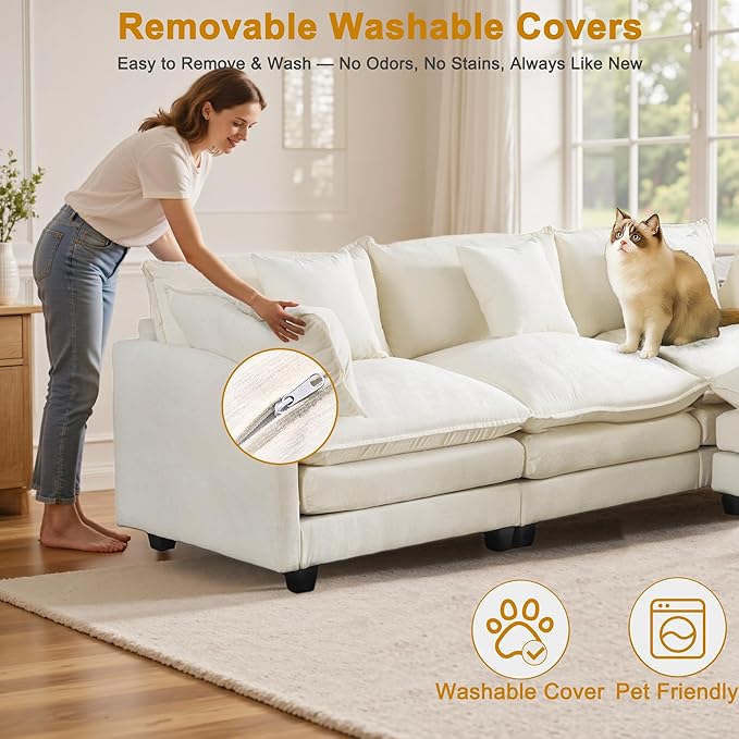 Cloud Chenille L-Shaped Sofa with Ottoman, 77" Space Saving Sectional Loveseat with Chaise, for Small Spaces, Easy Assembly, 1YR Warranty