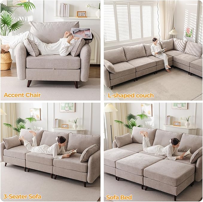 135'' Modular Sectional Sofa with All Seats Storage, Oversized L Shaped Couch for Living Room,4-Seater Comfy Cloud Couches with Movable Ottoman,Big Sectional for Bedroom,Velet,Khaki