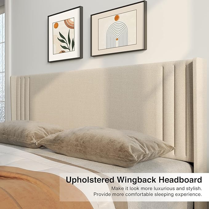 Gizoon Full Bed Frame with Wingback Headboard, Upholstered Platform Bed with Modern Geometric Headboard, Wooden Slats, Noise-Free, No Box Spring Needed