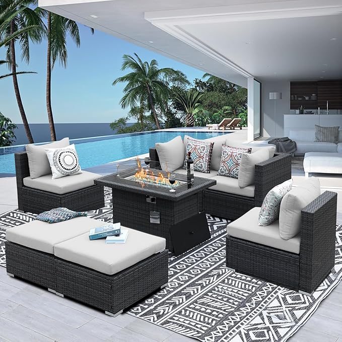NICESOUL 6 Seats Modern Outdoor Furniture Set with Firepits Natural Gas/Propane, Extra Large Wicker Patio Sofa Sectionals for Outside, 29.3'' High Backrest Modular Deep Seated Conversations, Gray