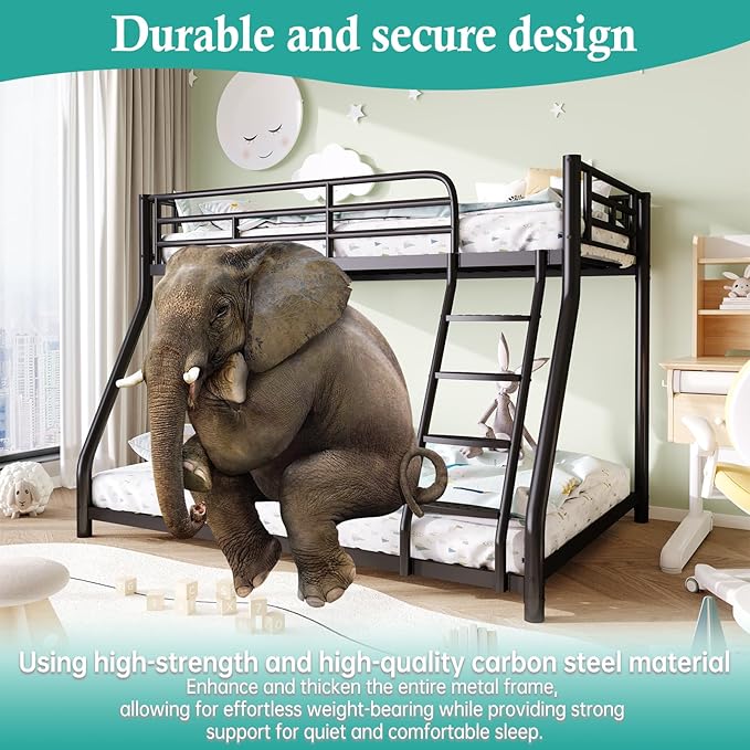 Metal Twin Over Full Bunk Bed，Bunk Beds Twin Over Full Size with Removable Wide Ladder and Full-Length Guardrail，Low Full BunkBeds Frame Heavy Duty steel Slat Support For Adults Kids and Young Teens