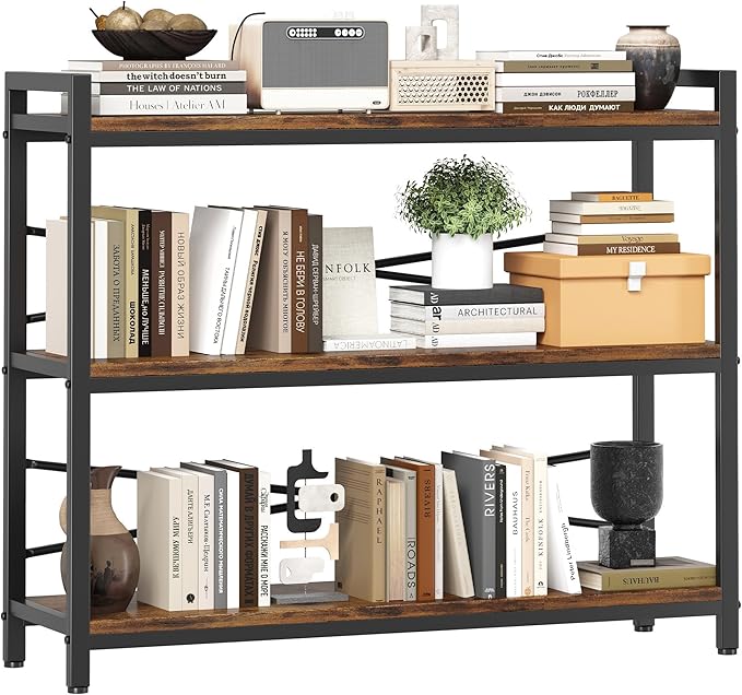 3 Tier Bookshelf 39.37" Width, Dorm Desk Hutch, Desk Shelf, Long Industrial Bookcase, Wooden Large Book Shelf for School Home Living Room Bedroom Office Storage(Vintage)
