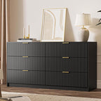 Black 6 Drawer Dresser for Bedroom, 55" Wide Modern Chest of Drawers with Gold Metal Handles, Fluted Wood TV Stand for Living Room, Hallway