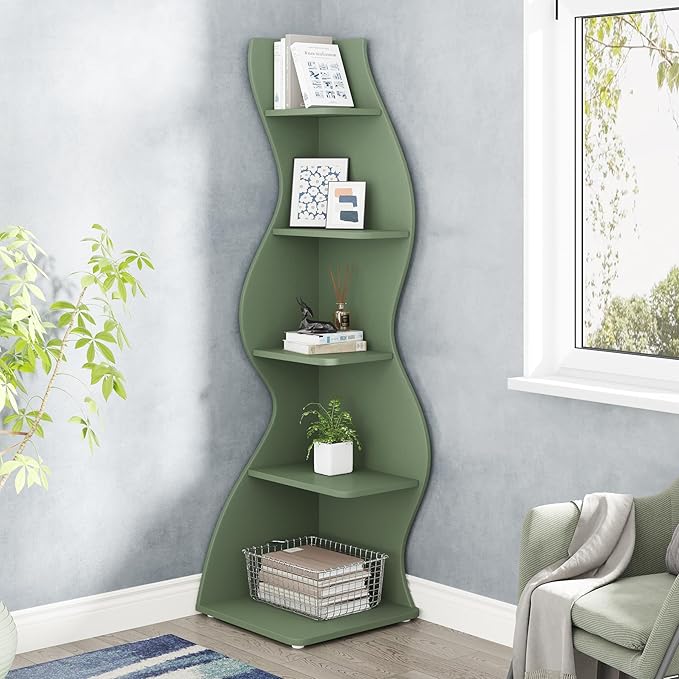 Tribesigns Corner Shelf, Modern 5-Tier Wall Corner Bookshelf, Stylish Corner Small Bookcase Storage Rack Plant Stand with Unique Shape for Living Room, Home Office (Sage Green, 1PC)
