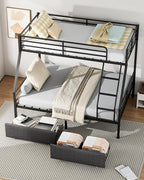 Bunk Beds Twin Over Full Size, Heavy Duty Bunk Beds with 2 Storage Drawers, Safety Guardrails & Padded Ladder, Twin Over Full Bunk Bed, No Box Spring Needed, Black