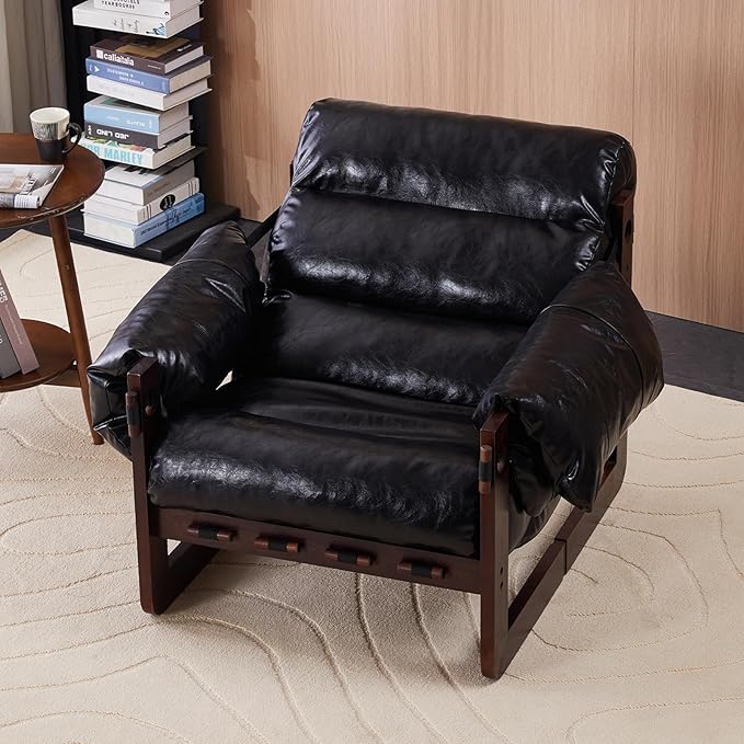 Furnilivng Modern Lounge Accent Chair, Comfortable Oil Waxed Leather Arm Chair with Sturdy Wood Frame, Upholstered Cozy Sofa Chair for Living Room, Bedroom, Dressing Room, Home Office, Black