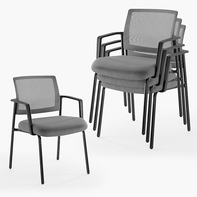DUMOS Grey Stackable Arm Chairs with Mesh Back and Upholstered Fabric, Sturdy Metal Frame, Easy to Store and Use, Perfect for Indoor and Outdoor Spaces, 2 Chair