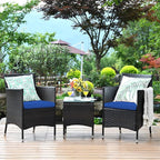COSTWAY 3 PCS Patio Furniture Set, Outdoor Wicker Conversation Set with Tempered Glass Coffee Table, Seat Cushions, Rattan Wicker Chairs for Poolside Balcony Porch Backyard, Navy