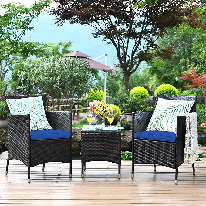 COSTWAY 3 PCS Patio Furniture Set, Outdoor Wicker Conversation Set with Tempered Glass Coffee Table, Seat Cushions, Rattan Wicker Chairs for Poolside Balcony Porch Backyard, Navy