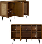 NTC MOSSIC Modern Sideboard with 3 Doors, Natural Rattan Storage Cabinet, Buffet with Metal Legs, Boho Accent Cabinet for Living Room, and Entryway, Effortless Assembly - Rustic Oak