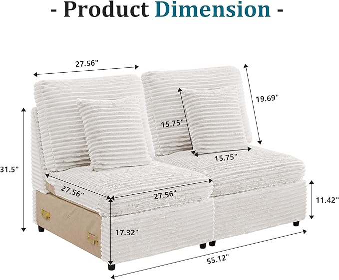 Modern Middle Armless Sofa Seat Set of 2 for Modular Sectional Couch for Living Room-White
