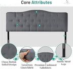 Naomi Home Cassandra Full Size Bed Headboard, Square Tufted, White Linen Fabric, Height Adjustable 42"-52", Metal Legs, Wall/Bed Mount