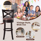 COSTWAY Bar Stools Set of 2, 30" Swivel Bar Height Bar Chairs with Copper Nails, Upholstered Seat, X-Shaped Backrest, Solid Rubber Wood Frame, for Kitchen Island Pub Bar