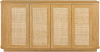 LKTART 64" Sideboard Buffet Cabinet with Storage, Wooden Fluted Storage Cabinet Sideboard with Adjustable Shelves Pressed Spring Rattan Doors for Kitchen Living Room (Natural)