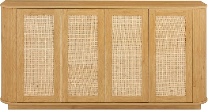 LKTART 64" Sideboard Buffet Cabinet with Storage, Wooden Fluted Storage Cabinet Sideboard with Adjustable Shelves Pressed Spring Rattan Doors for Kitchen Living Room (Natural)