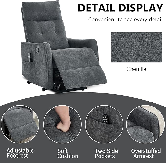 PELUMY Manual Lift Recliner Chair with Massage and Heat for Elderly, Single Motor Electric Lift Chair, Heavy Duty Recliner with USB Charging & Side Pockets (Chenille, Grey)
