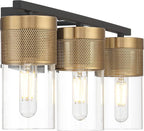Possini Euro Design Berlin 23 1/2" High Modern Industrial 3 Light Bathroom Vanity Wall Lamp Light Fixture Mount Over The Sink Mirror Hardwired Cordless Black and Gold Glass Shade Indoor Entry-Way
