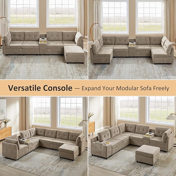 VANOMi 4 Seat Modular Cloud Sofa with 2 Ottomans, 118" Sectional Sofas & Couches for Living Room, Comfy Chenille Cloud Sectional Couch Sofas for Living Room, Apartment, Office, Camel, U Shaped