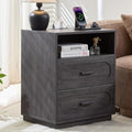 Gray Night Stand with Charging Station, 21.7" Wide Wood End Table with 2 Storage Drawers, Open Shelf & Unique Base, Mid Century Modern Bedside Table for Bedroom, Living Room, Gray