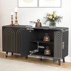 59" Buffet Cabinet with Storage, Modern Accent Sideboard Storage Cabinet with 4 Doors & Carving Lines, Wooden Coffee Bar Table Console for Living Room Kitchen Office and Hallway (Black)